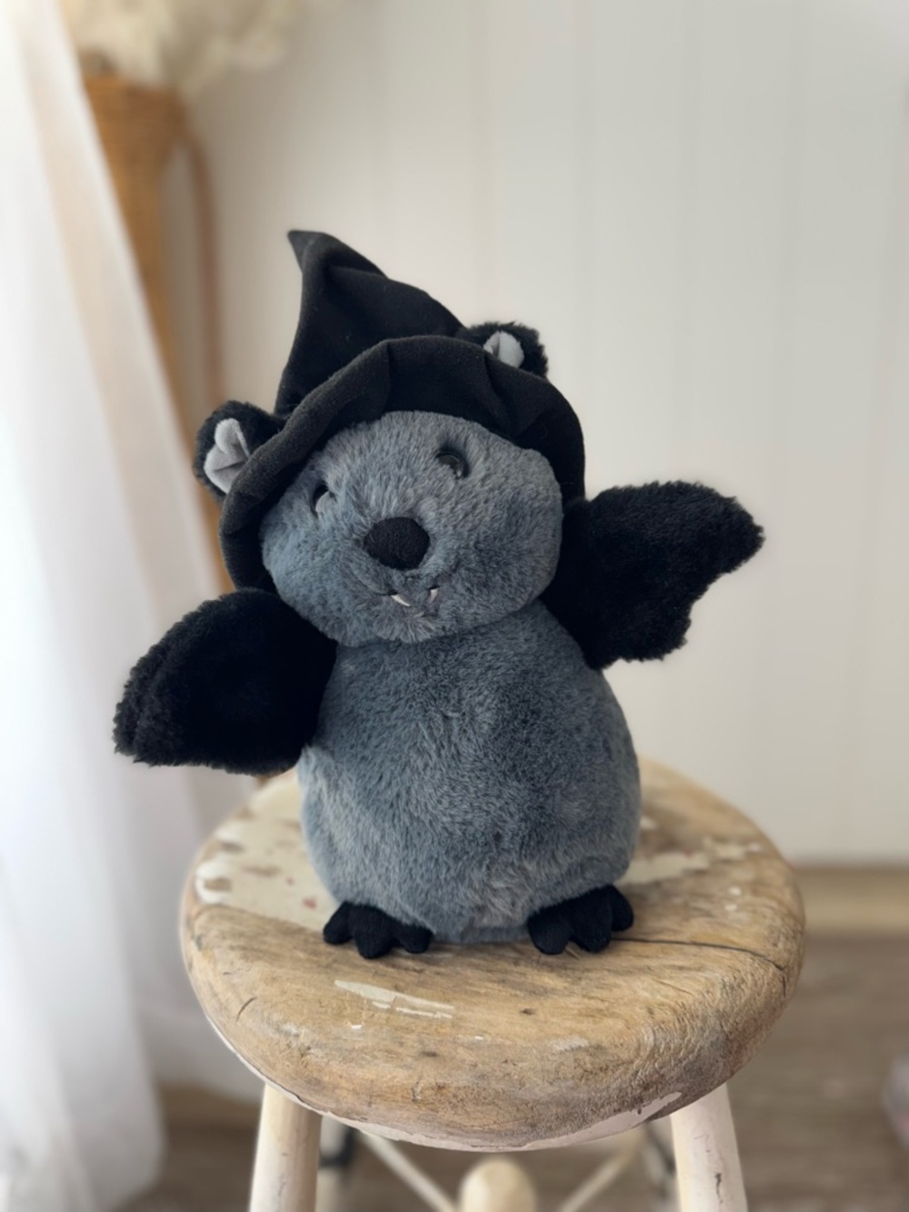 Holiday Home Gray Bat Stuffed Animal with Black Witch Hat Halloween Super Soft!